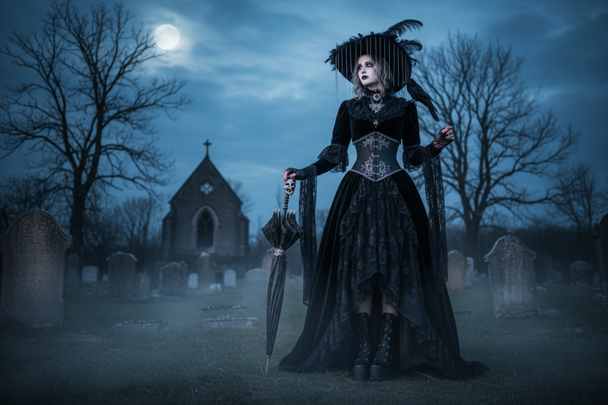 A girl in black gothic outfit